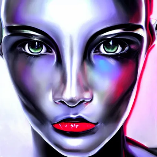 Prompt: hyperrealism oil painting portrait of robot cyborg fashion model with glowing eyes