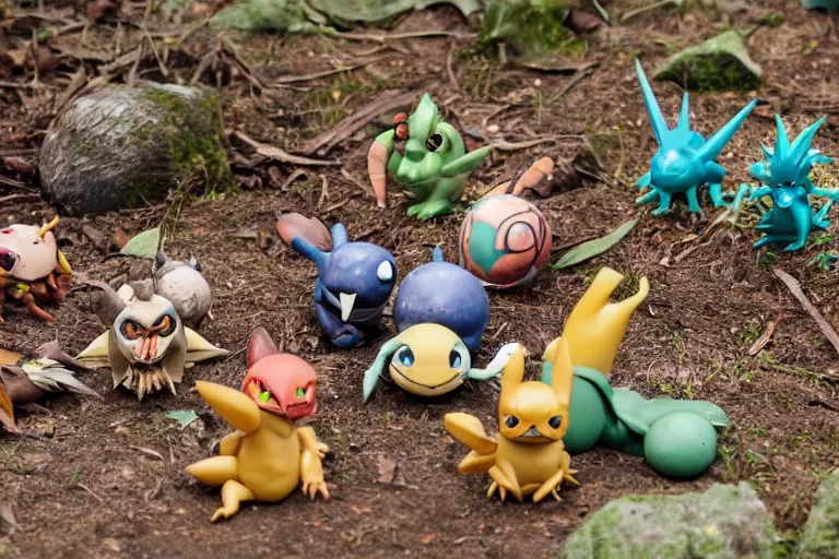 Prompt: autochrome photo of vintage disgusting brown Pokémon action figures, plastic Pokémon toys left outside for many years, backyard, kaiju, oni, realistic