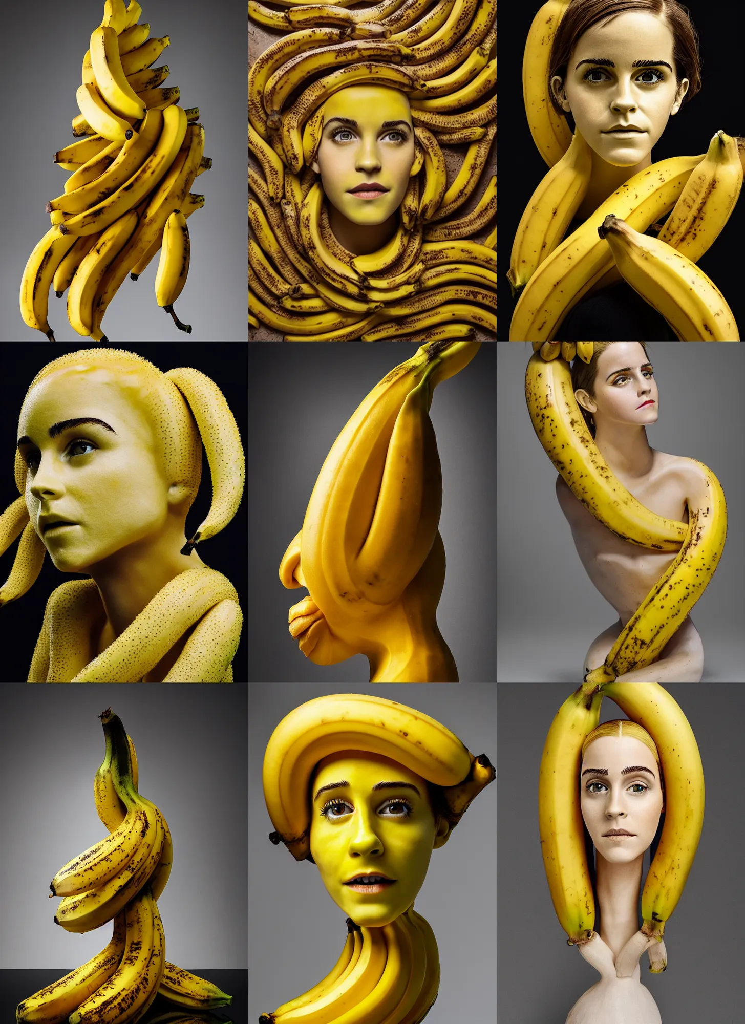 Prompt: surreal banana sculpture of emma watson, entirely made of bananas, studio lighting