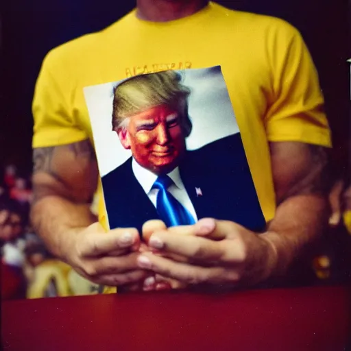 Prompt: donald trump on steroids, tiny hands, 35mm film photography