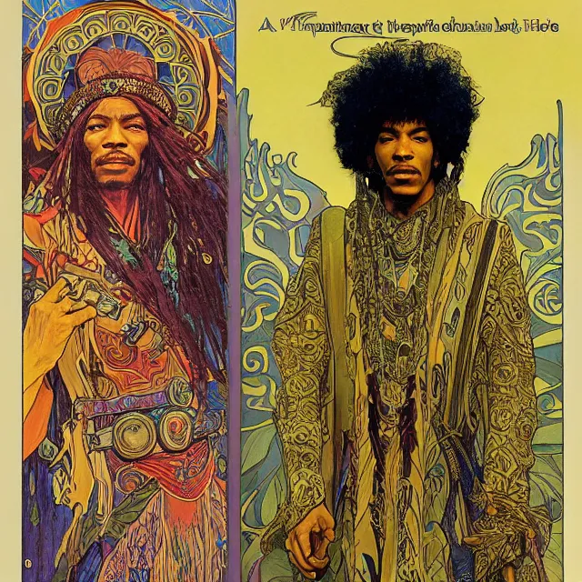 Prompt: artwork by Franklin Booth and Alphonse Mucha showing a portrait of Jimi Hendrix as a futuristic space shaman, Jimi Hendrix as a futuristic space shaman by Moebius