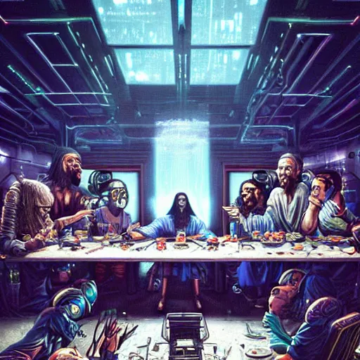 Image similar to the last supper, cyberpunk, futuristic, scify, insanely detailed, trending on artstation, dan mumford, houdini render, digital art