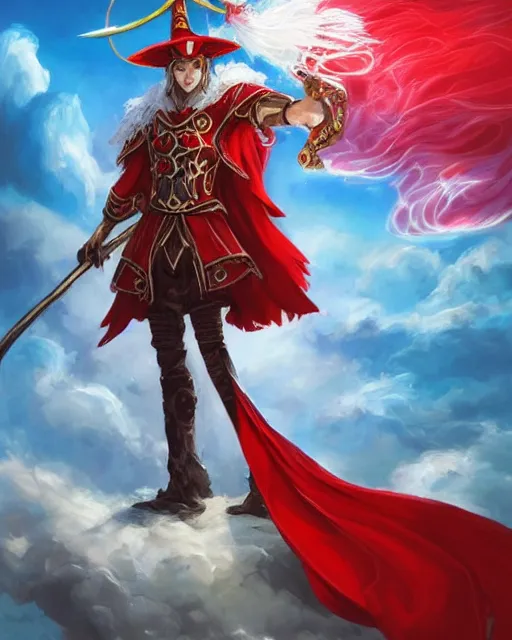 Image similar to A Full View of a Red Mage wearing red white and gold striped magical shining armor and a feathered hat holding a staff of power with a gemstone topper surrounded by an epic cloudscape. Magus. Red Wizard. Magimaster. Conquistador armor. Red and white striped cape. masterpiece. 4k digital illustration. by Ruan Jia and Mandy Jurgens and Artgerm and greg rutkowski and and Andreas Rocha and William-Adolphe Bouguereau and Edmund Blair Leighton, award winning, Artstation, art nouveau aesthetic, Alphonse Mucha background, intricate details, realistic, panoramic view, Hyperdetailed, 8k resolution, intricate art nouveau