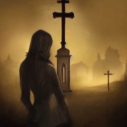 Image similar to shameless woman with impudent facial expression in shadow of church cross, elegant, dark and mysterious, atmospheric, red, trending on artstation, highly detailed, digital painting, volumetric light, concept art, illustration