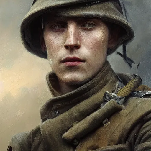 Prompt: a dramatic epic ethereal portrait of a WWI soldier, young male, detailed face, cinematic lighting, highly detailed oil on canvas painting by Greg Rutkowski, winning-award digital art trending on Artstation H 1024 W 832