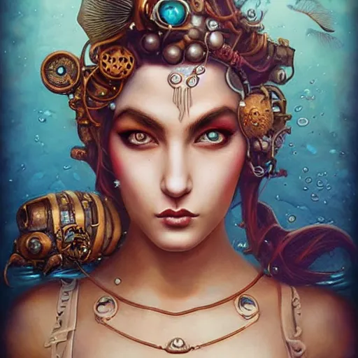 Image similar to Underwater Steampunk mermaid portrait, Pixar style, by Tristan Eaton Stanley Artgerm and Tom Bagshaw.