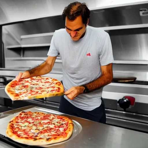 Image similar to Roger Federer cooking a pizza