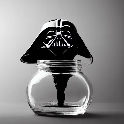 Prompt: Darth vader in a jar by Greg Rutkowski, product photography, centered, studio lightning