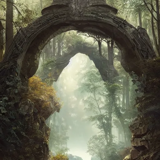 Image similar to a large rock arch is a portal to another dimension, surrounded by misty forest, people wait to enter, D&D, fantasy, intricate, highly detailed, digital painting, artstation, concept art, smooth, sharp focus, illustration, art by artgerm and greg rutkowski and alphonse mucha
