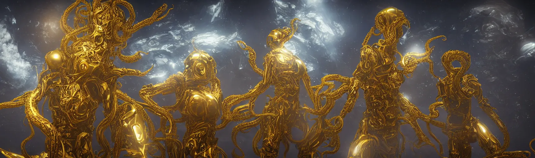 Image similar to a photo of 8k ultra realistic corrupted lovecraftian golden humanoid queen standing next to a spaceship window overlooking earth, 8 intricate white and gold tentacles, ornate white and gold armour, cinematic lighting, trending on artstation, 4k, hyperrealistic, focused, extreme details, unreal engine 5, cinematic, masterpiece