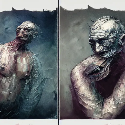 Prompt: mutant fishman sailor old man with gills and scales from the ocean by emil melmoth zdzislaw beksinki craig mullins yoji shinkawa realistic render ominous detailed photo atmospheric by jeremy mann francis bacon and agnes cecile ink drips paint smears digital glitches glitchart