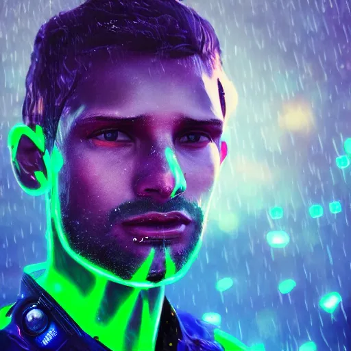 Image similar to human portrait formed out of rain, beautiful, neon, epic detail, galactic background, unreal engine