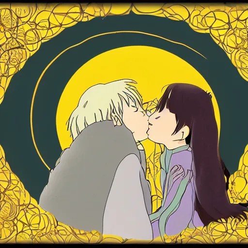 Prompt: ghibli style illustration of the personification of light and the personification of darkness kissing