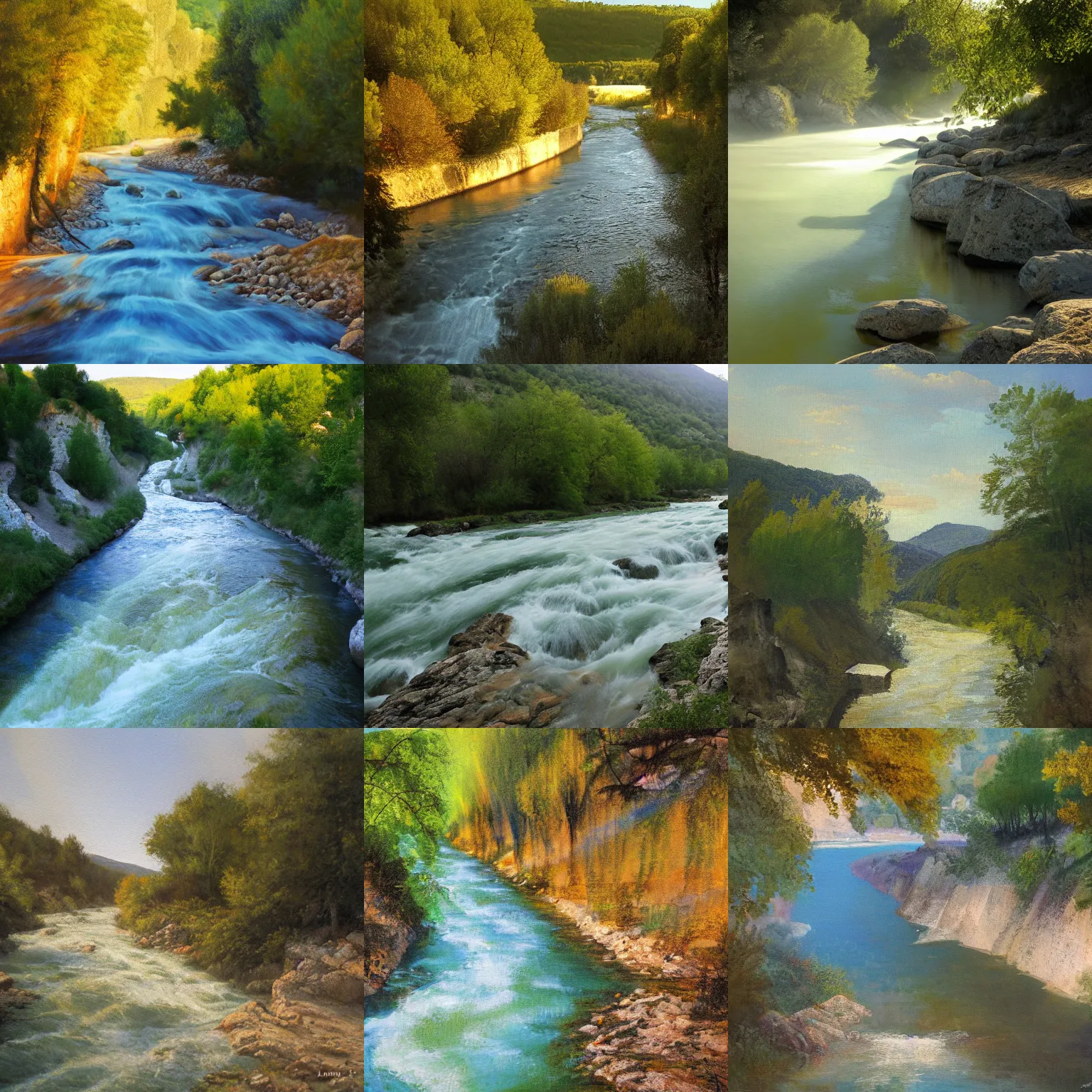 Prompt: the ardeche river in france, painting, volumetric lighting