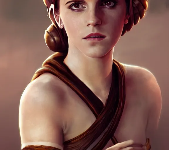 Image similar to photography of a sensual emma watson dressed like princess leia slave girl outfit star wars, deep focus, intricate, elegant, highly detailed, digital painting, artstation, concept art, matte, sharp focus, illustration