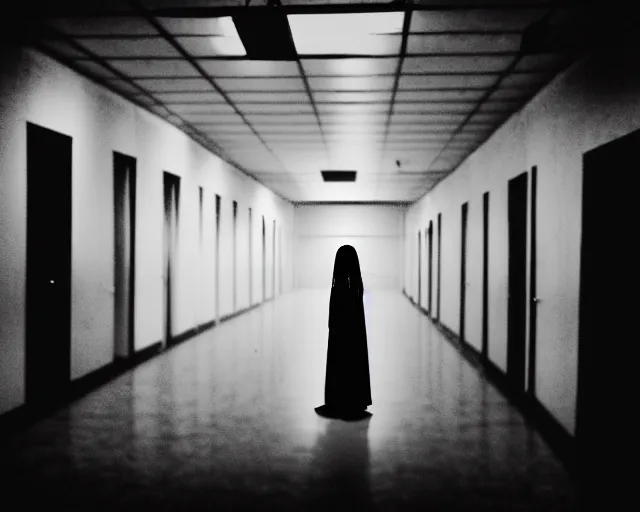 Image similar to creepy woman wearing white dress standing in the backrooms, psychological horror, the eerie forlorn atmosphere of a place that's usually bustling with people but is now abandoned and quiet, buzzing fluorescent lights above the ceiling, unsettling images, liminal space, dark