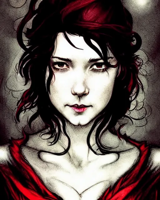 Prompt: style of arthur rackham, artgerm, steve niles : : gorgeous mary elizabeth winstead : : evil sorceress, swirling black magic, black dress : : symmetrical face, symmetrical eyes : : full body pose : : gorgeous red hair : : cinematic lighting : :