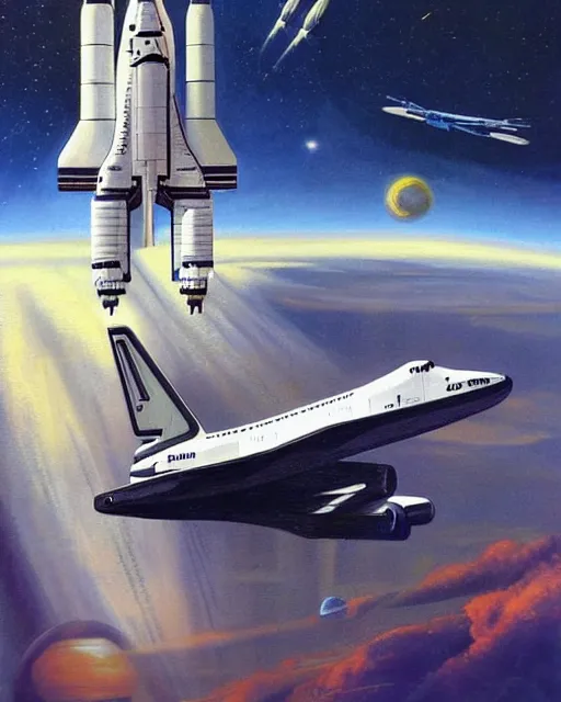 Image similar to a painting of a space shuttle and a space shuttle, concept art by don maitz and by vincent di fate and by robert mccall and by allan brooks and by ron walotsky, trending on pinterest, space art, sci - fi, concept art, redshift