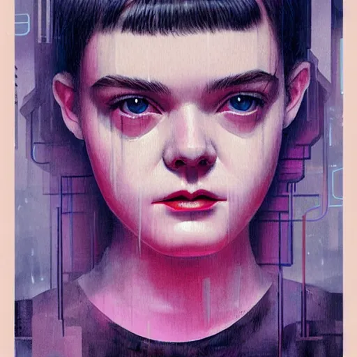 Image similar to Elle Fanning in Blade Runner picture by Sachin Teng, asymmetrical, Roger Deakin’s cinematography, dark vibes, Realistic Painting , Organic painting, Matte Painting, geometric shapes, hard edges, graffiti, street art:2 by Sachin Teng:4