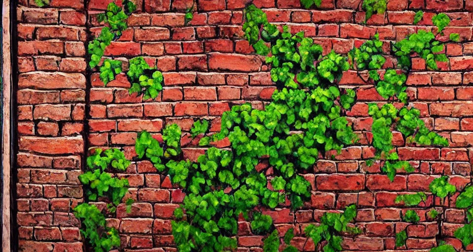 Prompt: a beautiful painting of an ancient brick wall with a closed portal covered in vines, landscape, 8 k, photorealism