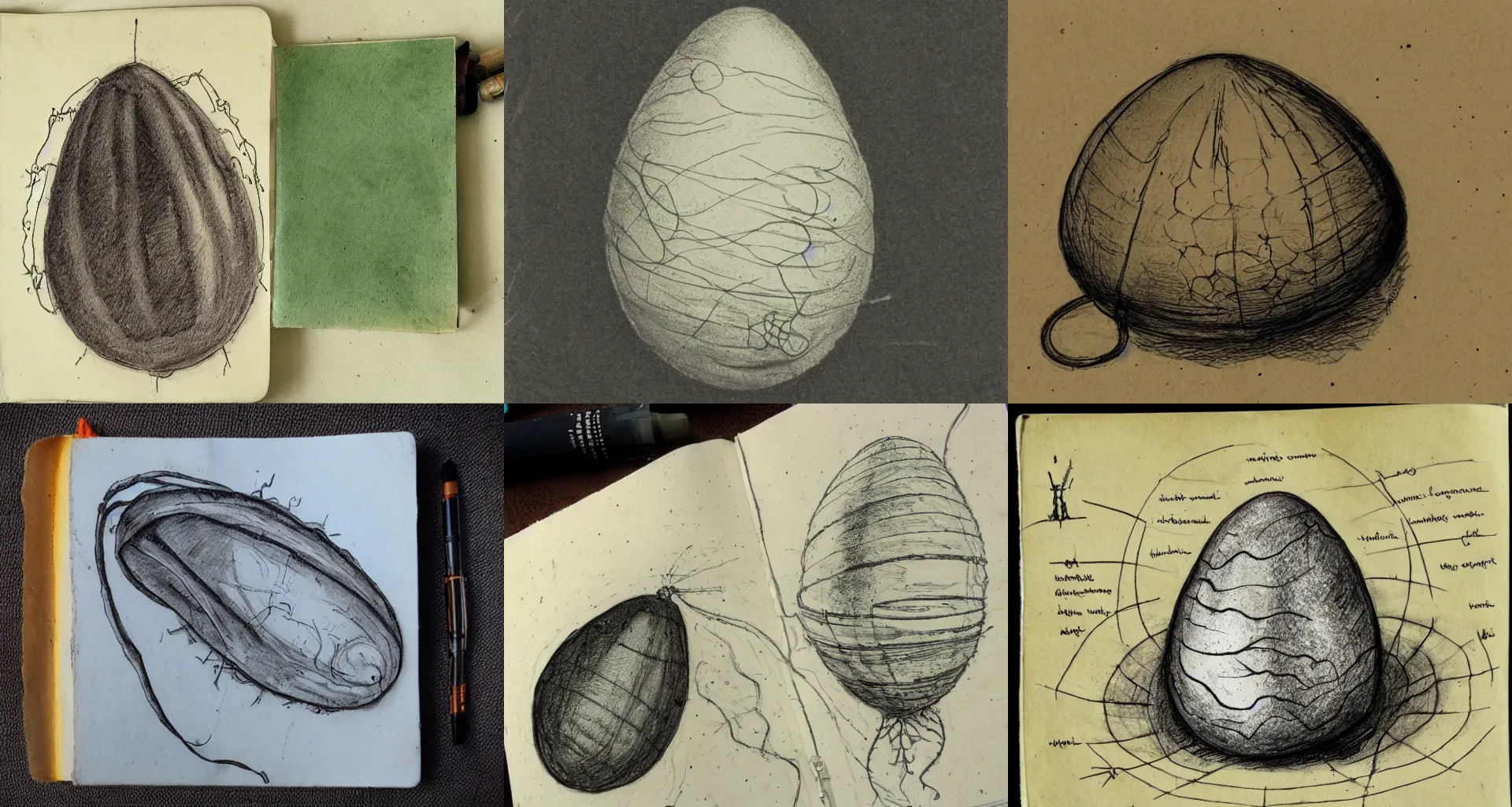 Prompt: alien egg sac, field journal, sketch, marginalia