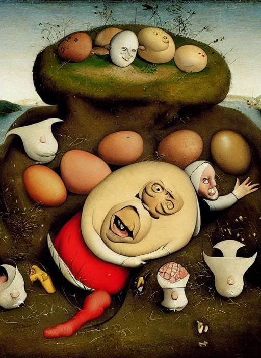 Prompt: tenacious d as eggs. real round humpty dumpty boys, realistic, by hieronymus bosch and pieter brueghel