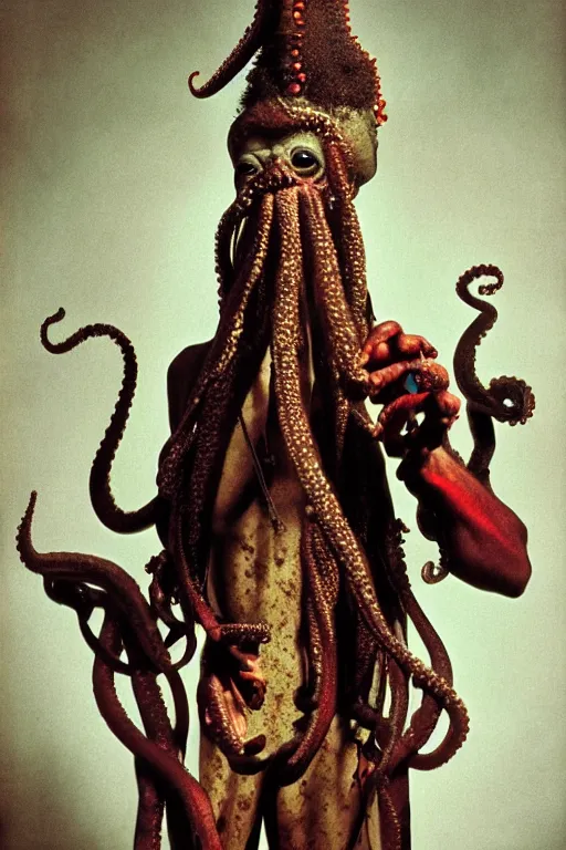 Image similar to A wideangle colorchrome shot of a old screaming voodoo priest with a octopus on his head and the tentacles around his body, low light, style by Steve McCurry, scary, evil looking, wide angle shot