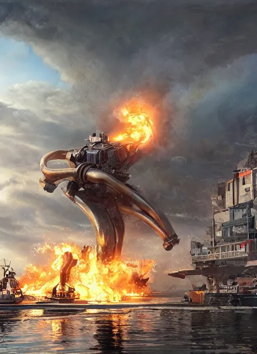 Image similar to hyper realistic squid robot attacking cape town city harbor explosions beautiful details, strong composition painted by kim jung giu weta studio rutkowski, james gurney and greg rutkowski, and lucasfilm