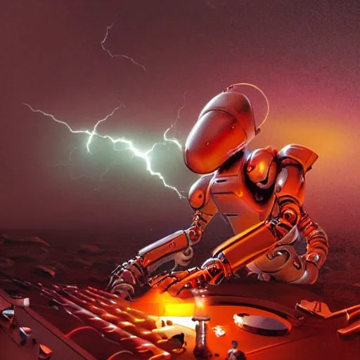 Image similar to UHD closeup of a Photorealistic Robot playing Drums during a wicked lightning storm on Mars, with a cool pose, by Antonio Caparo and Ferdinand Knab and Greg Rutkowski, UHD, photorealistic, trending on artstation, trending on deviantart