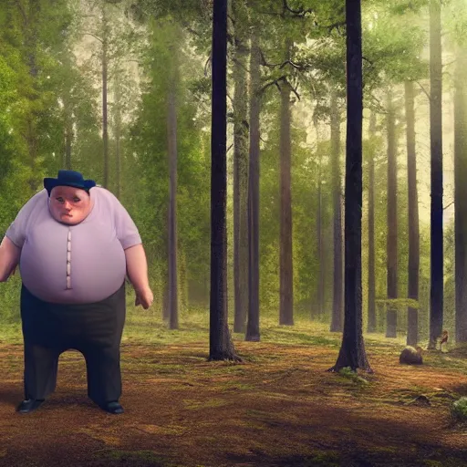 Image similar to fat happy man tap dancing on a table in a forrest, stunning detail, hyperreal rendering, octane render, highly detailed, cinematography atmosphere, dramatic, 4k