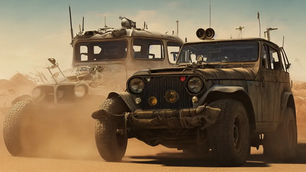 Image similar to illustration of mad max's fj 4 0 pursuit special, the last v 8 interceptor driving down to the gates of valhalla highway, fury road, eternal shiny and chrome, world of fire and blood, by makoto shinkai, ilya kuvshinov, lois van baarle, rossdraws, basquiat, studio ghibli, global illumination ray tracing hdr