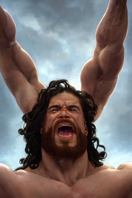 Image similar to upper body portrait of a hulking bulky swole steroids musclebound huge bodybuilder muscular herculean chiseled jesus christ, cinematic lighting, photorealistic, octane render, 8 k, depth of field, 3 d, art by artgerm and greg rutkowski and alphonse mucha and uang guangjian and gil elvgren and sachin ten