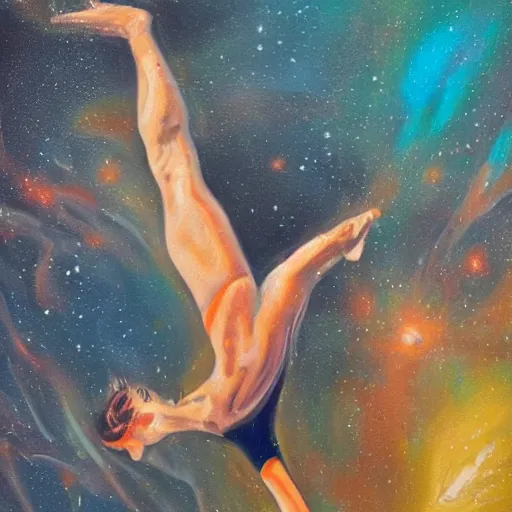 Prompt: an expressive oil painting of a swimming athlete diving, depicted as an explosion of a nebula