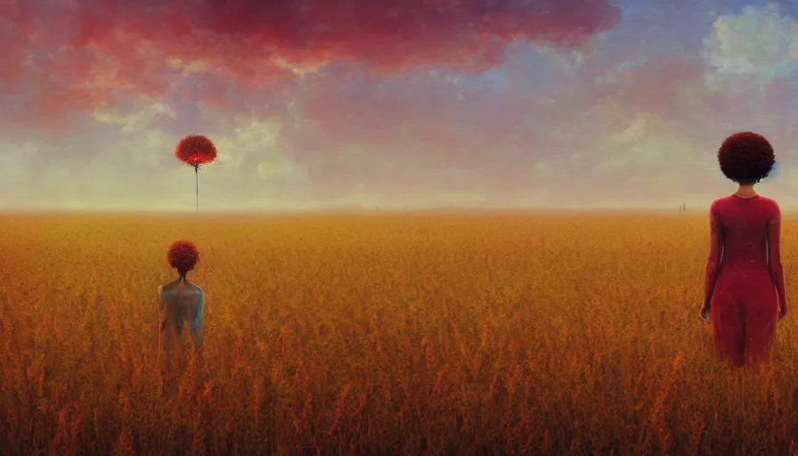 Image similar to giant red carnation afro head, full body, full body, girl walking through empty wheat field, surreal photography, forest background, sunrise dramatic light, impressionist painting, colorful clouds, digital painting, pointillism, artstation, simon stalenhag