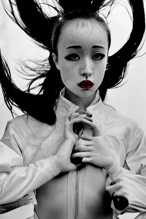 Prompt: Demonic masonic Holly Herndon style occult seinen manga tokyo fire(1967) inspired movie still, oilfield dance scene Fashion photography portrait , pointé pose;pursed lips, athletic, terrified 👿 , gaze down,harajuku hair, wearing mercury Balenciaga anti-g flight suit ,specular highlights, half submerged in heavy oil flood, oil to waist, , ,eye contact, ultra realistic, tilt shift background, Panavision Panaflex X , Technicolor, 8K, 35mm lens, three point perspective, closeup portrait, chiaroscuro, highly detailed, devine composition golden ration,by Allister Crowley, by moma, by Nabbteeri by Sergey Piskunov