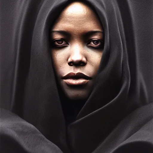 Image similar to a portrait of a young black woman wearing a long dark cloak, hood and shadows covering face, anatomically correct, beautiful perfect face, enigmatic, oil painting, matte painting, black background, Volumetric dynamic lighting, Highly Detailed, Cinematic Lighting, Unreal Engine, 8k, HD, by Beksinski