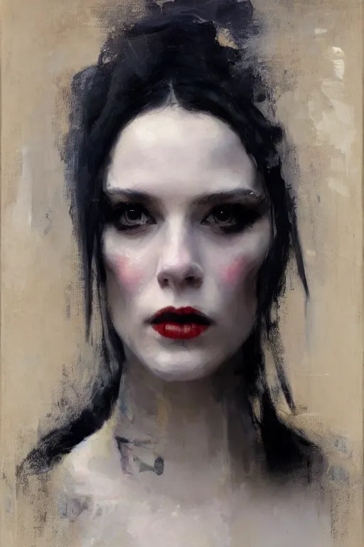 Prompt: Richard Schmid and Jeremy Lipking and Antonio Rotta full length portrait painting of a young beautiful goth punk rock priestess woman