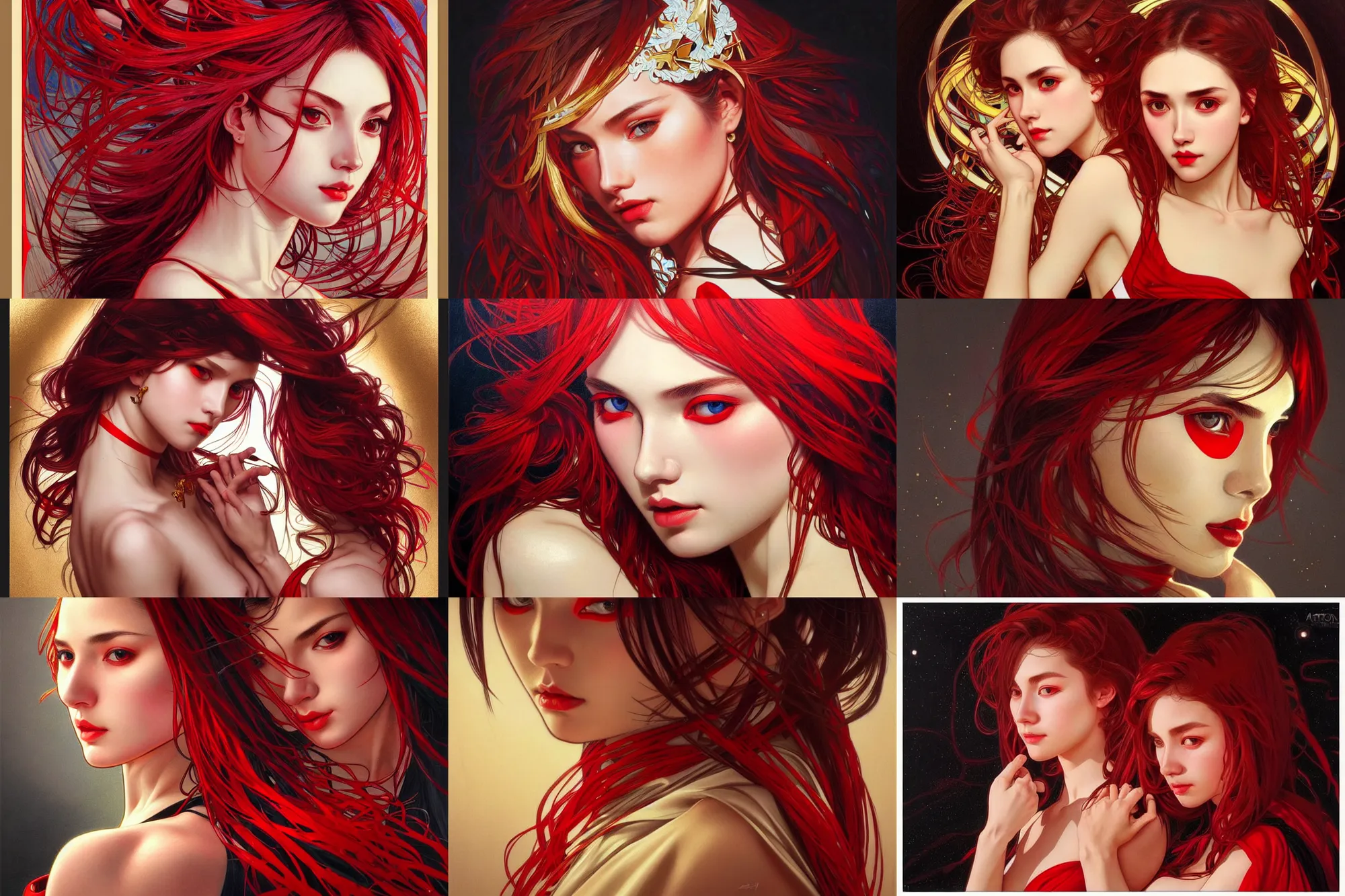 Prompt: modern maximalost painter, night, gold and red and white, 4 k, ultra realistic, beautiful eyes, epic lighting, machines, high detail, masterpiece, trending on artstation by artgerm and akihito tsukushi and alphonse mucha, crayons