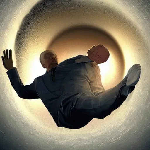 Image similar to hyperrealistic mixed media high resolution image of Joe Biden being torn asunder into a small orifice by an immense invisible gravitational force, stunning 3d render inspired art by István Sándorfi and Greg Rutkowski and Unreal Engine, perfect symmetry, dim volumetric lighting, 8k octane beautifully detailed render, post-processing, extremely hyper-detailed, intricate, epic composition, highly detailed attributes, highly detailed atmosphere, cinematic lighting, masterpiece, trending on artstation, very very detailed, masterpiece, stunning, flawless structure, lifelike texture, perfection,