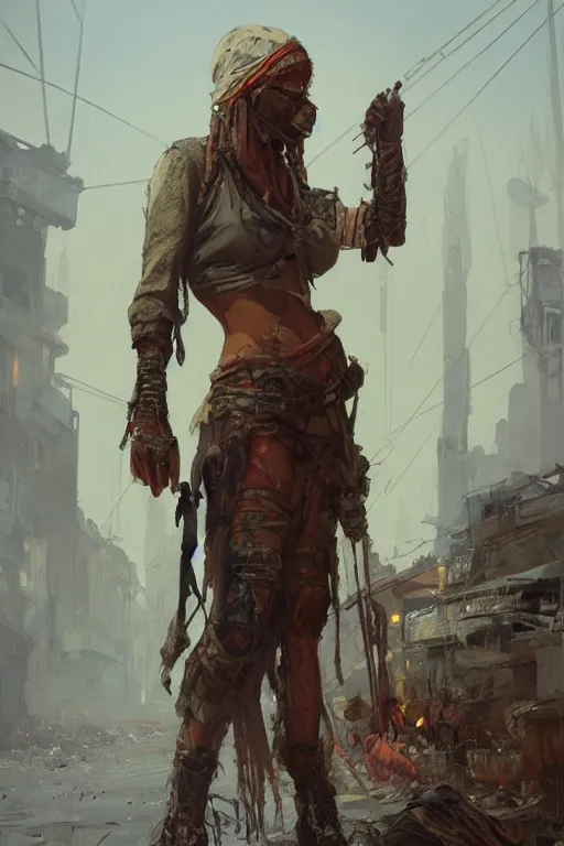 Image similar to a full body portrait of a beautiful post apocalyptic offworld harbor district bedouin blind pulp fiction scarlet wild rogue barbarian leper begging by the roadside, intricate, elegant, highly detailed, digital painting, artstation, concept art, smooth, sharp focus, illustration, art by krenz cushart and artem demura and alphonse mucha