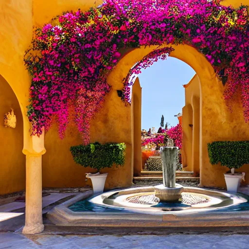 Prompt: surrealist andalusian patio with white tall arches, beautiful roses flowers and ropes on the walls, fountain inside, sunny vivid light, colorful composition, photographic details wide lens, intricate details