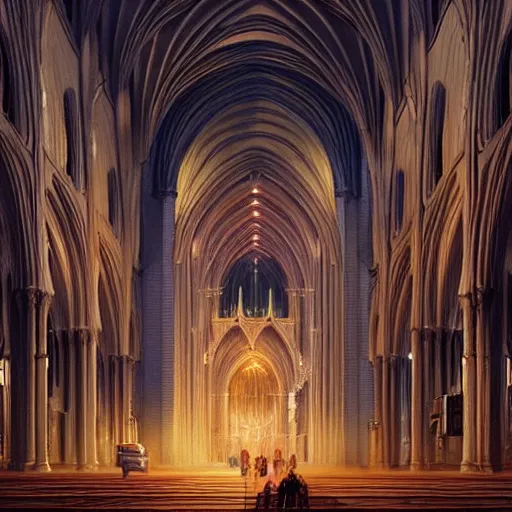 Image similar to A magnificent huge cathedral in a city, realistic, highly detailed, volumetric lighting, digital painting, award winning, trendsetting, illustration, concept art, by Mandy Jurgens and Ricardo Ow