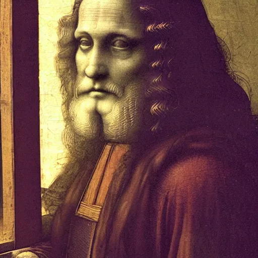 Prompt: a close up photograph of leonardo da vinci in hus studio, digital camera, 8 k, instagram