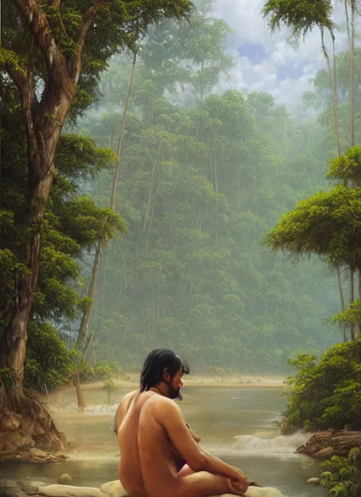 Prompt: a realistic painting of an indigenous man relaxing near a river in the amazon jungle, gazing at the water, highly detailed, art by christophe vacher