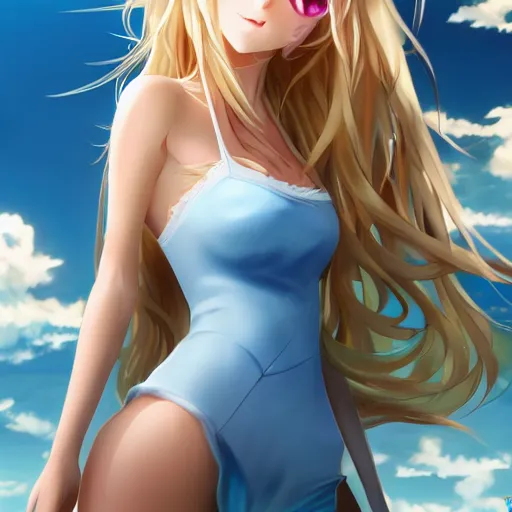 Image similar to a very beautiful young anime girl with 2 0 meters long blond hair, full body, long wavy 2 0 meters long blond hair, sky blue eyes, full round face,, bikini, miniskirt, front shot, playing a virtual reality game highly detailed, cinematic wallpaper by stanley artgerm lau