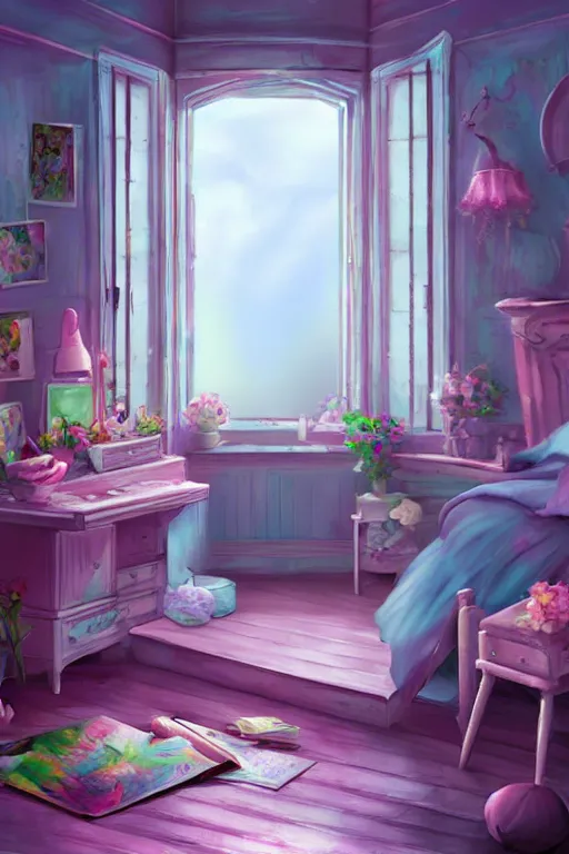 Image similar to matte sharp painting shabby chic room with windows mark rydel, artgerm, lisa frank, artstation behance storybook