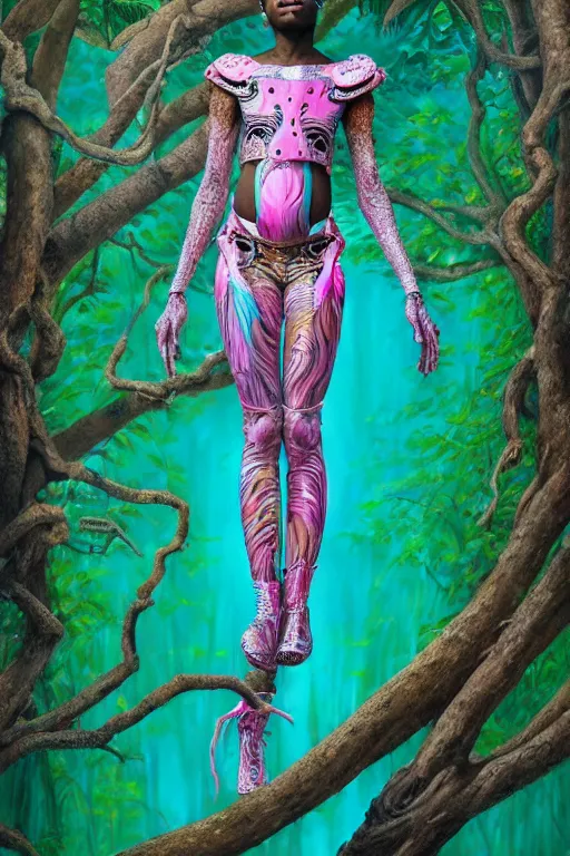 Prompt: hyperrealistic post - maximalist masterpiece super expressive! yoruba goddess with pink exoskeleton armor, merging with tree in a forest, highly detailed digital art cinematic, smooth cam de leon eric zener dramatic pearlescent soft teal light, ground angle hd 8 k, sharp focus