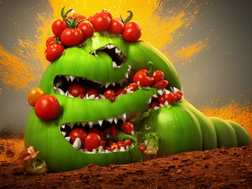 Prompt: highly detailed 3 d render of a raging mad angry zucchini character, dirt road, scared tomates scattered everywhere, high speed action, explosions, dramatic scene, hyper realistic octane render, cinematic lighting, tomato splatter, deviantart, black sky, lowbrow, surrealism, pixar still, mayhem