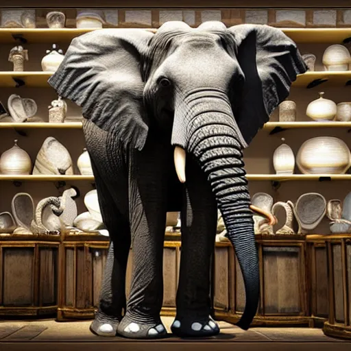 Image similar to realistic stunned elephant in a porcelain shop