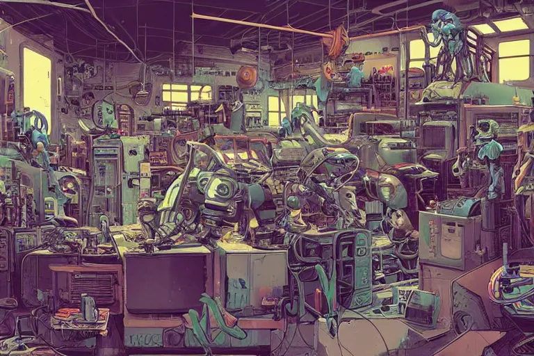 Image similar to an extremely cluttered machine repair shop in 2067, art by Josan Gonzales and Dan Hillier